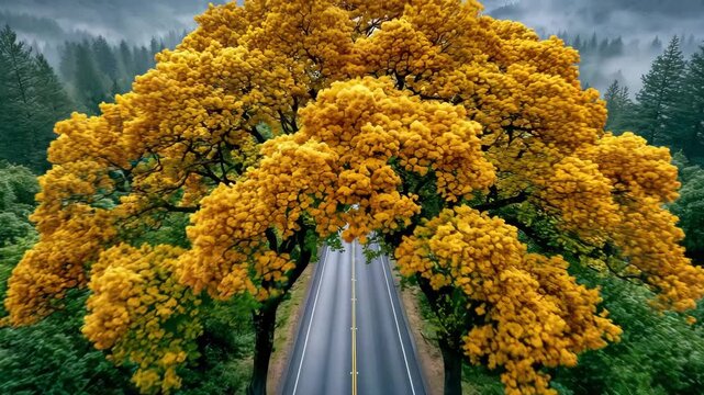 Aerial Country Road Through Forest Turning Gold