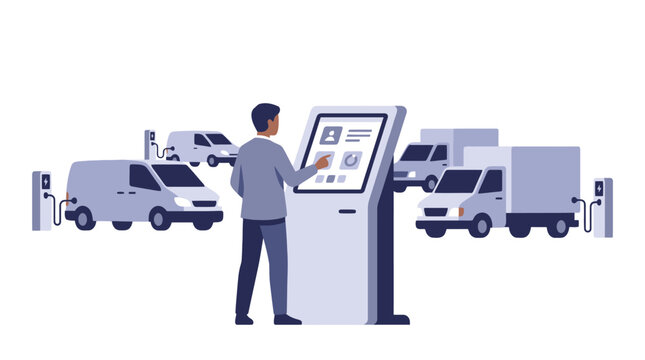 Electric vehicle fleet management system with driver using a touch screen kiosk surrounded by charging vans and trucks. EPS Editable