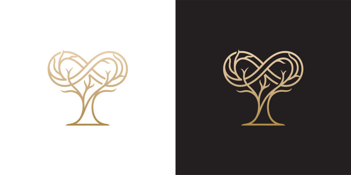 Golden infinity tree logo design vector, elegant line art symbol representing eternal growth and nature