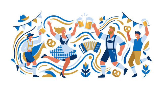 Oktoberfest beer festival celebration with people in traditional Bavarian costumes dancing and drinking. EPS Editable