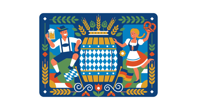 Oktoberfest vector illustration with people and beer barrel. EPS Editable
