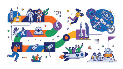 Naklejka premium Space exploration vector infographic with rockets astronauts and satellites. EPS Editable