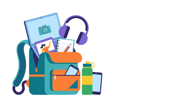 School backpack filled with gadgets and study supplies vector illustration. EPS Editable