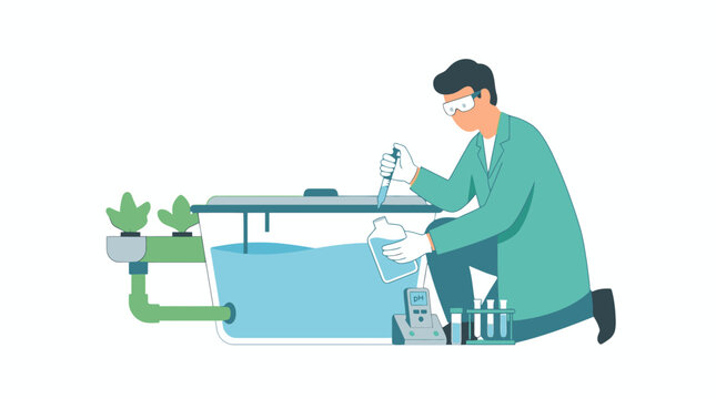 Scientist analyzing water quality for hydroponic agriculture system vector illustration. EPS Editable