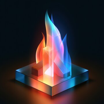 A glass bonfire is displayed with translucent flames glowing in a dark warm gradient. This campfire icon represents outdoor gatherings and activities.