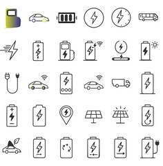 Fototapeta premium Set of linear eco friendly electric energy and sustainable power technology icons with electric charging sustainable renewable technology transportation environment electricity recharge Electric vehic