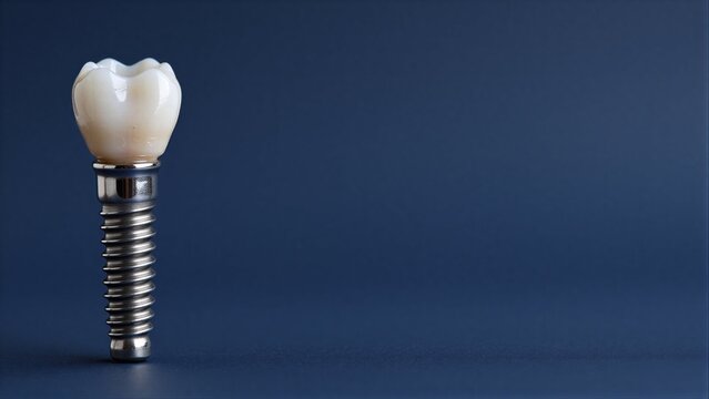 Dental implant with artificial tooth on dark blue background.