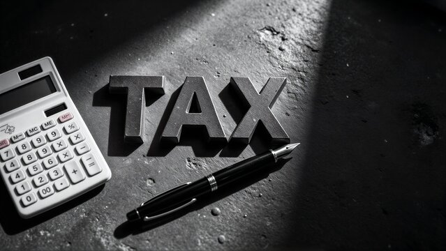 Tax, calculator, and pen on dark surface  financial responsibility theme.