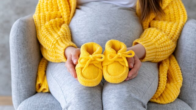 Pregnant woman sits in a chair holding yellow baby shoes while wearing a cozy outfit at home in a bright space Generative AI