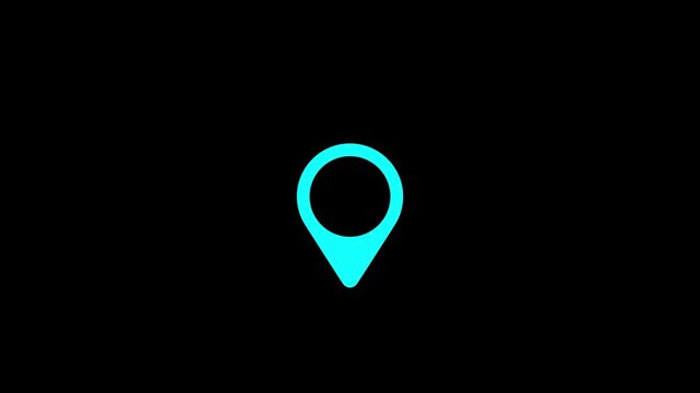 Cyan map pin location marker animation on black background, navigation geolocation