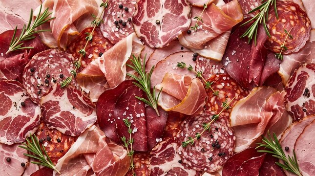 Gourmet Charcuterie Meat Slice Seamless Pattern Background with Prosciutto Salami Coppa and Smoked Ham