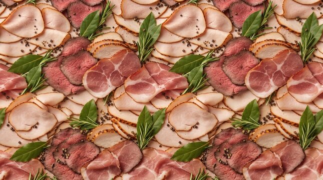 Smoked Deli Meat Seamless Pattern Background with Roast Beef Turkey Chicken and Ham