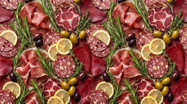 Mediterranean Charcuterie Seamless Pattern Background with Cured Meats Herbs Olives and Citrus
