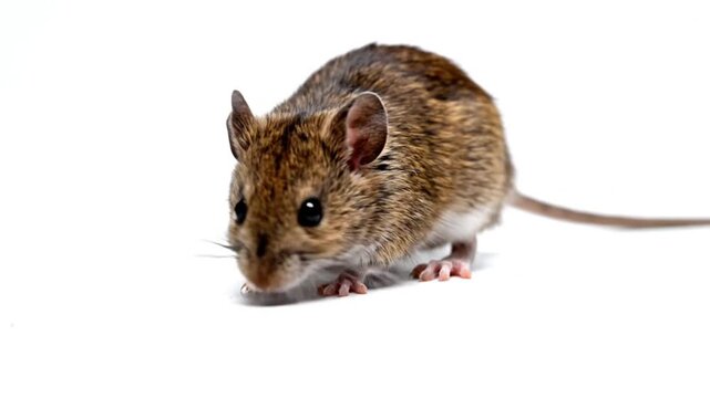 Close up view of a small wild brown field mouse on a white surface moving and sniffing around