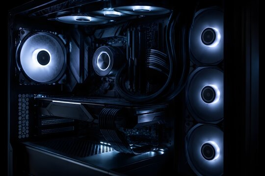 Desktop Cooling Fans Glowing Inside Unbranded High Performance Computer Case in Dark Cinematic Technology Environment