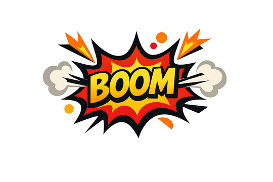 Colorful comic book explosion bubble with the word boom on a white background.