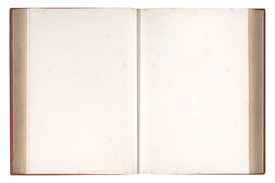 Open antique book with empty aged pages showing natural foxing stains and vintage patina. Isolated transparent background PNG mockup.