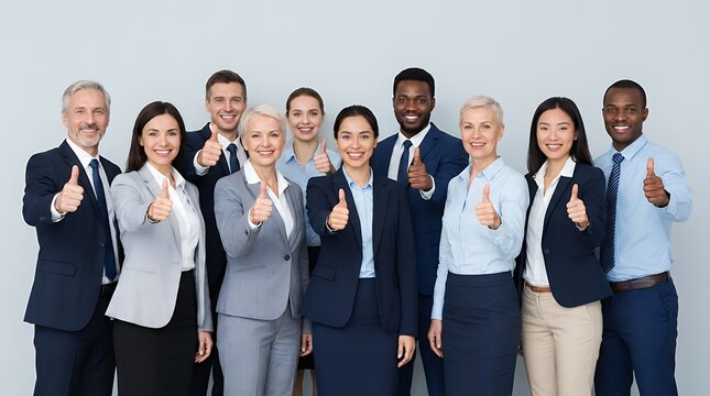 A professional and positive portrait of a group of smiling business people all giving a thumbs-up gesture. The image conveys a sense of teamwork success approval and a positive corporate culture in a
