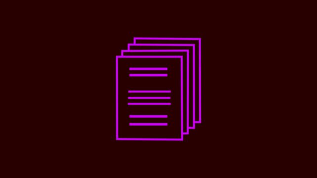 Neon outline document stack animation, digital paper files symbol for business and data management interface  4k stock video