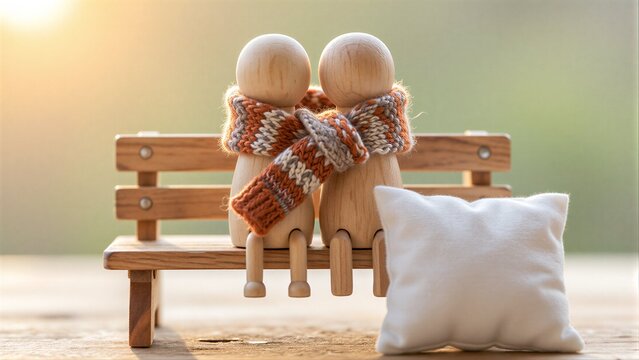 Two wooden figures cuddle on a bench, wrapped in a cozy knitted scarf.
