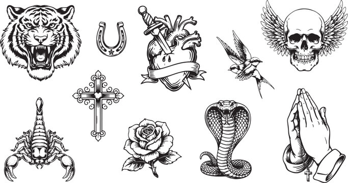 Traditional tattoo flash sheet featuring a tiger head, scorpion, cobra, skull with wings, heart with dagger, cross, rose, and praying hands