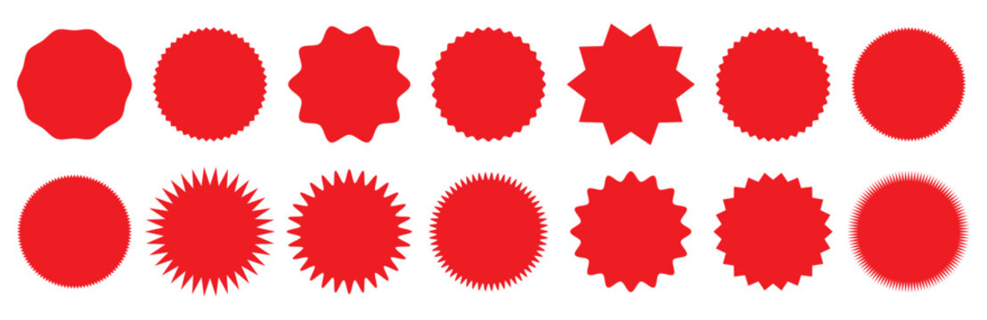 Starburst sale price stickers and labels, star and rosette, sunburst, callout and splash, stamp and tag badges. Isolated vector circle and oval red stickers, promo labels and tags with scalloped edges