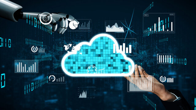A robot hand and a human hand intersect over a glowing cloud symbol, representing innovative collaboration in data management and digital analytics within technology. Xenic