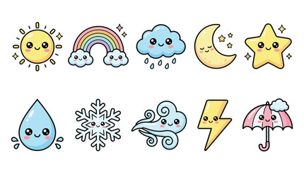 Obraz premium Cute Kawaii Weather Icons Set Featuring Sun, Rainbow, Clouds, Moon, Star, Raindrop, Snowflake, Wind, Lightning, and Umbrella.