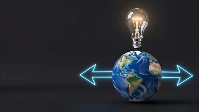Light bulb above Earth with glowing arrows, symbolizing global innovation and direction.