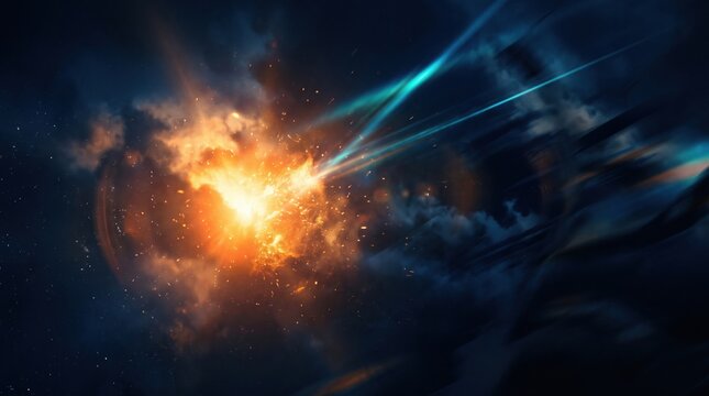 Abstract cosmic explosion background. Glowing supernova nebula with bright light particles.