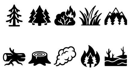 Fototapeta premium Forest and wildfire icons set. Nature disaster and environment vector symbols.
