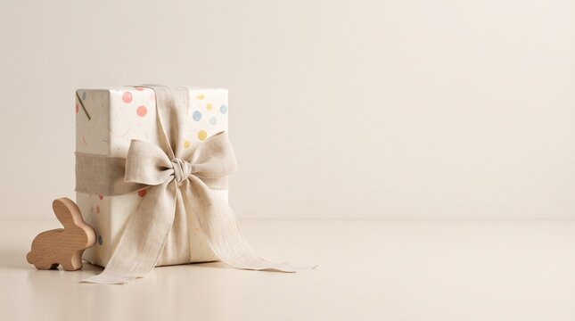 A charming gift box wrapped with a rustic ribbon and a small wooden bunny sits elegantly on a clean surface, hinting at a special occasion.