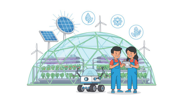 Young students learning about sustainable agriculture inside a high-tech hydroponic dome with automated robotics and renewable energy systems.