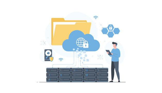 Cybersecurity specialist manages cloud storage data and secure server arrays while utilizing digital tablet devices for monitoring network activity in this modern flat illustration.