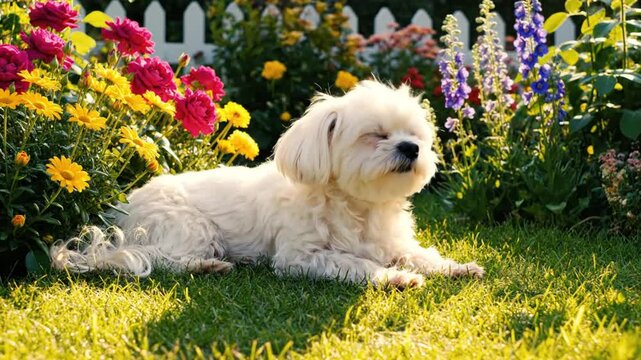 Adorable white Maltese dog relaxing in a sunny garden amongst colorful flowers in the summertime