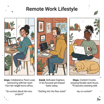 Profiles of three remote professionals anya david and maya working in different environments.