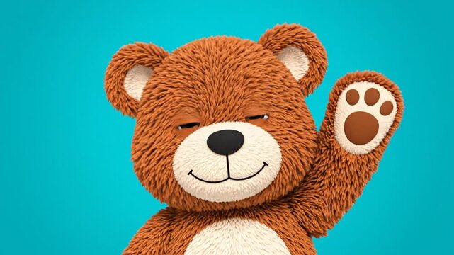 Cheerful cartoon teddy bear waving hand with paw print against a bright teal background, welcoming greeting