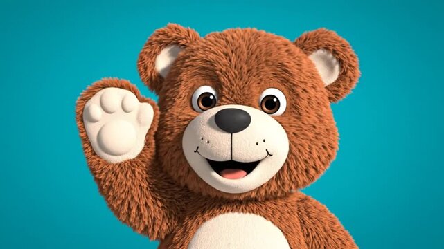 Cheerful brown teddy bear waves with open paw, smiling happily against a bright blue background, inviting children's fun
