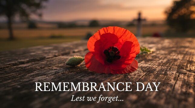 Remembrance day poppy flower resting on a stone memorial at sunset with lest we forget text