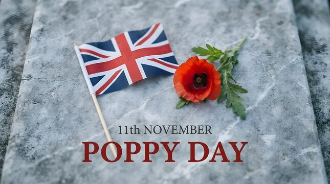 Remembrance day concept with a british flag and a red poppy flower on a stone memorial background