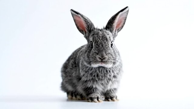 Adorable grey rabbit standing on a white surface with erect ears and looking forward for animal or pet concept