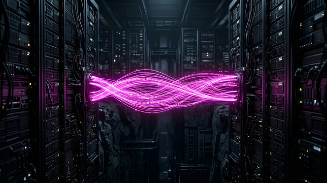 Macro surreal photo of a glowing magenta data bridge connecting two dark corporate server walls over a chasm.