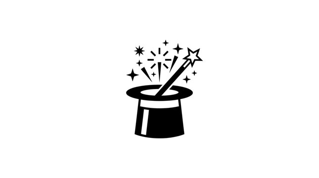 Black and white magician hat with magic wand icon