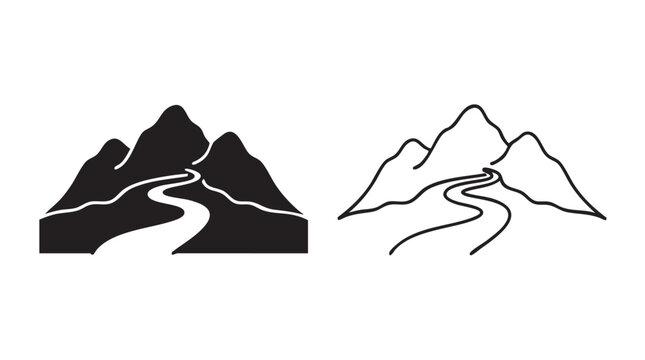mountain range with road icon in black silhouette and outline art vector black silhouette black silhouette and outline art vector icon