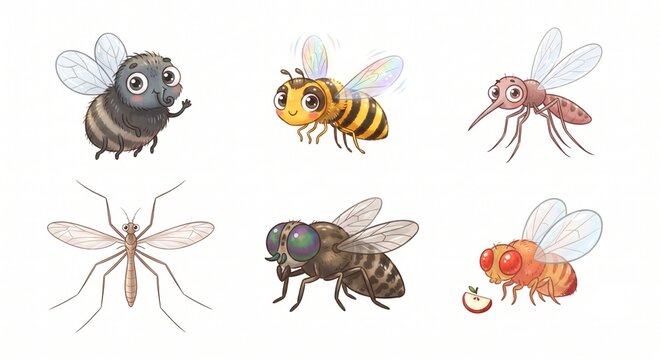 Cute Flies and Mosquitoes Character Illustration Set