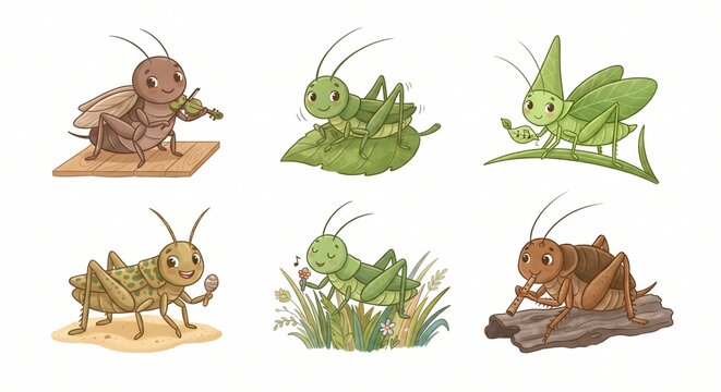 Cute Musical Grasshoppers and Crickets Character Illustration Set