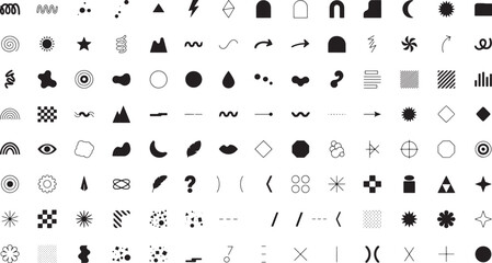 Obraz premium Large set of various black geometric shapes, symbols, and abstract arranged in a grid on a plain white background