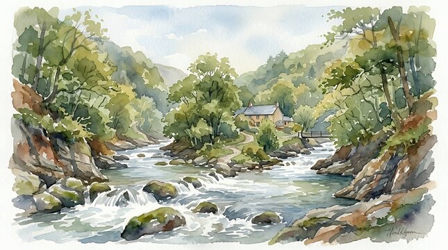 Inspiring Watercolor-Inspired Art: River Lyn at Watersmeet Rocky Landscape of Lynmouth North Devon landscape an original painting inspired by a walk along the rocky river lyn at lynmouth north devon