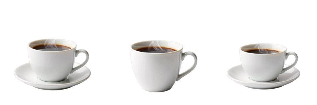 Three cups of coffee with steam sit on a black background in a horizontal arrangement