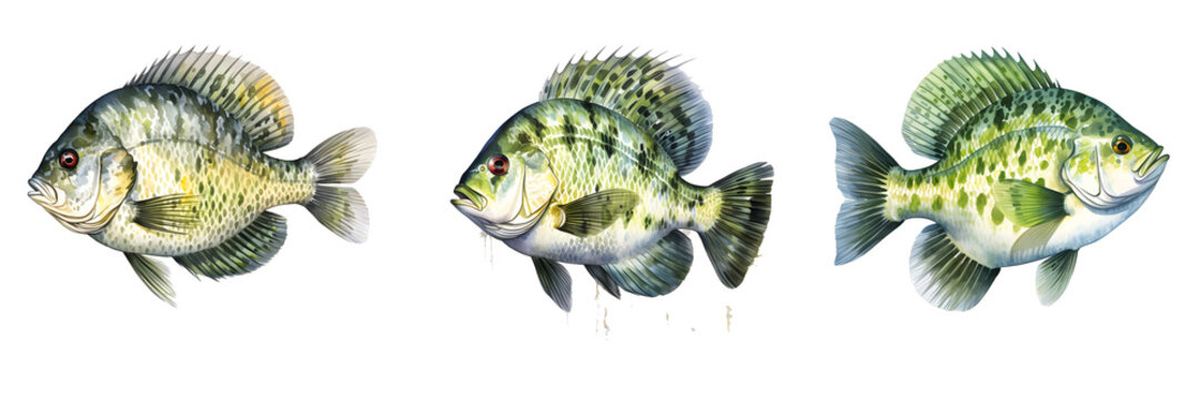 Three watercolor crappie fish in a row on a black background